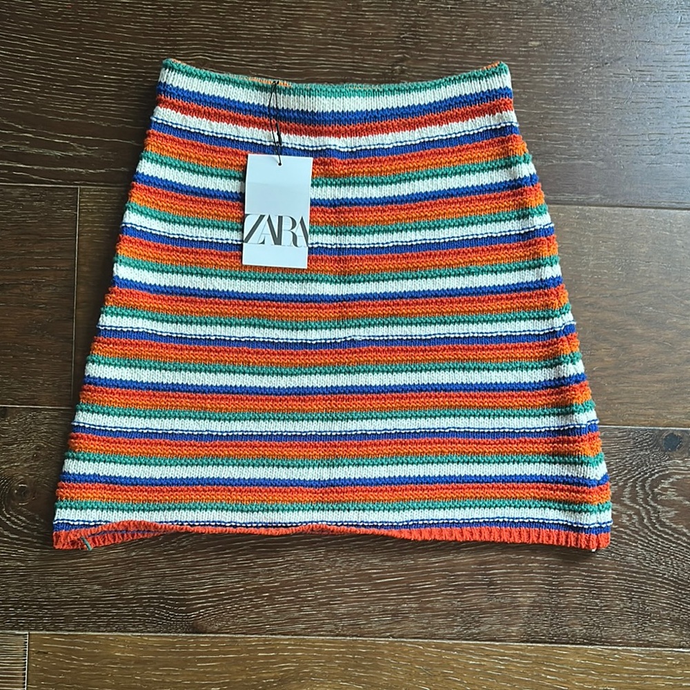 NWT Girls Zara Red Orange Striped Knit A-Line Mini Skirt